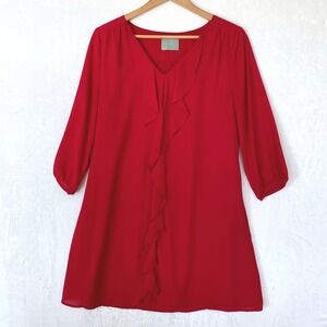 Skies‎ Are Blue Red Ruffle V Neck 3/4 Sleeve Shift Dress Style 92089DL